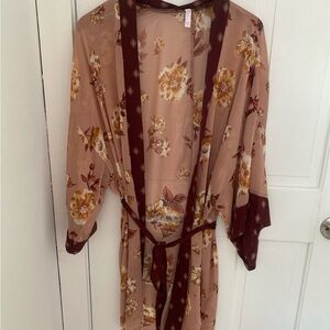 Xhilaration Floral Kimono in Burgundy and Tan